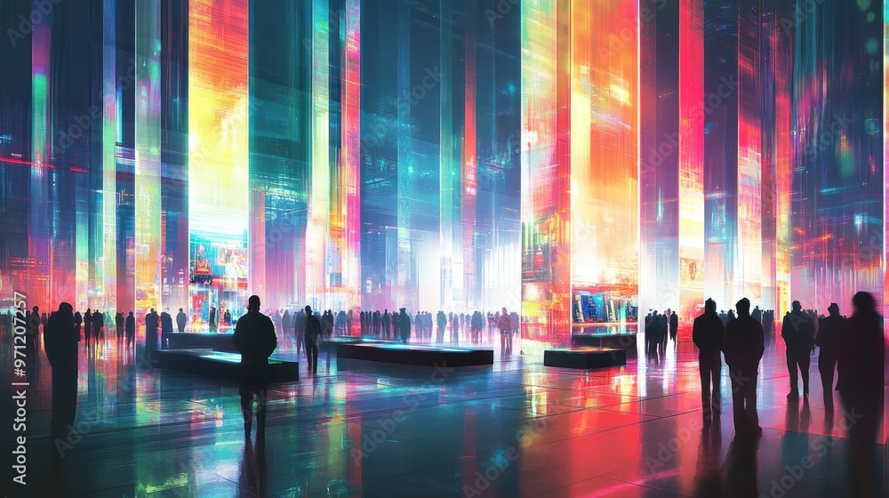 A vibrant, futuristic cityscape with colorful lights and silhouettes of people. A vibrant, futuristic cityscape with colorful lights and silhouettes of people.