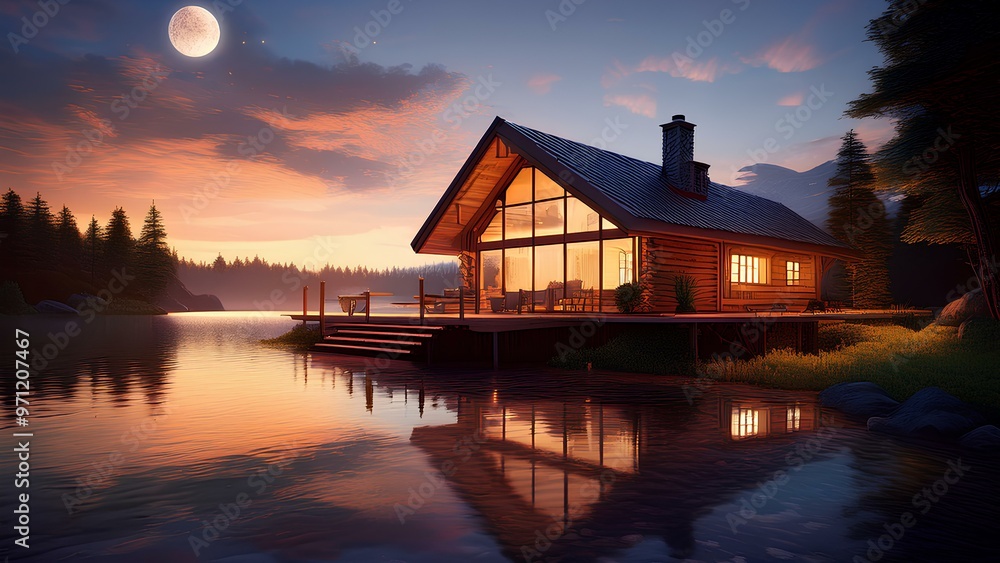 Fototapeta premium Rest during sunset on the shore of the reservoir. Wooden house in the evening twilight on the shore of the lake.