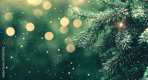 A close-up of leaves and branches on evergreen foliage with a blur in the background