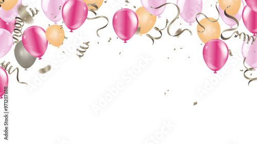 Party balloons illustration. Confetti and ribbons flag ribbons, Celebration background template