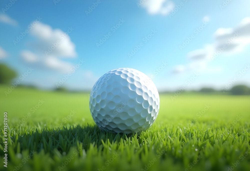 Golf Ball on Green Grass with Blue Sky and Fluffy Clouds in Background Golf Ball on Green Grass with Blue Sky and Fluffy Clouds in Background
