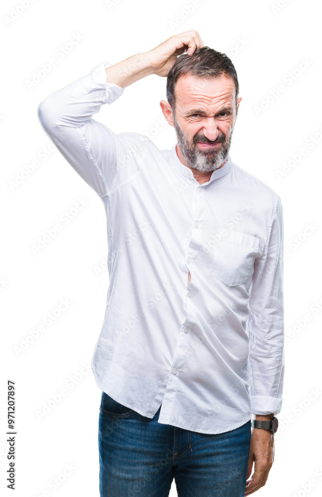 Middle age hoary senior man over isolated background confuse and wonder about question. Uncertain with doubt, thinking with hand on head. Pensive concept. Middle age hoary senior man over isolated background confuse and wonder about question. Uncertain with doubt, thinking with hand on head. Pensive concept.
