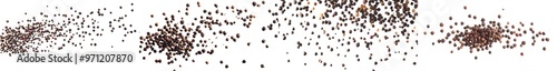 Black, red, white, and allspice peppercorn seeds on a white background