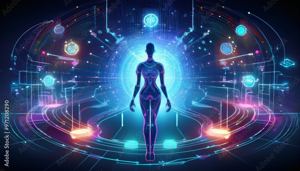 Fototapeta premium Human Figure Surrounded by Floating Holographic Data and Glowing Neural Connections: Smart Healthcare Technology