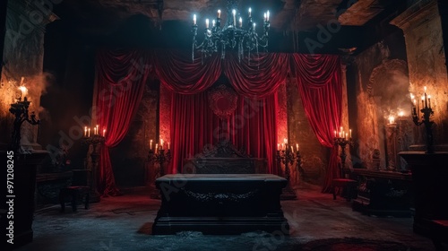 A classic vampire lair with gothic decor, red velvet curtains, candelabras, and a grand coffin in the center, with dim, eerie lighting 