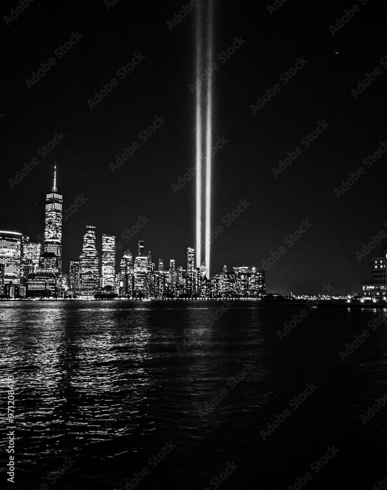 Tribute in Light in Lower Manhattan as seen from Jersey City, New Jersey.