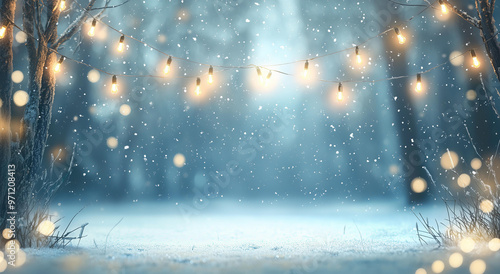 A beautiful blurred background of a winter forest with snow falling and light