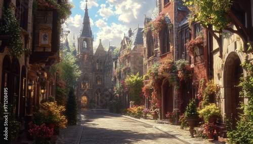 Enchanting Wizard's Academy in a Magical Fantasy City Illustration | High-Quality Detailed Artwork