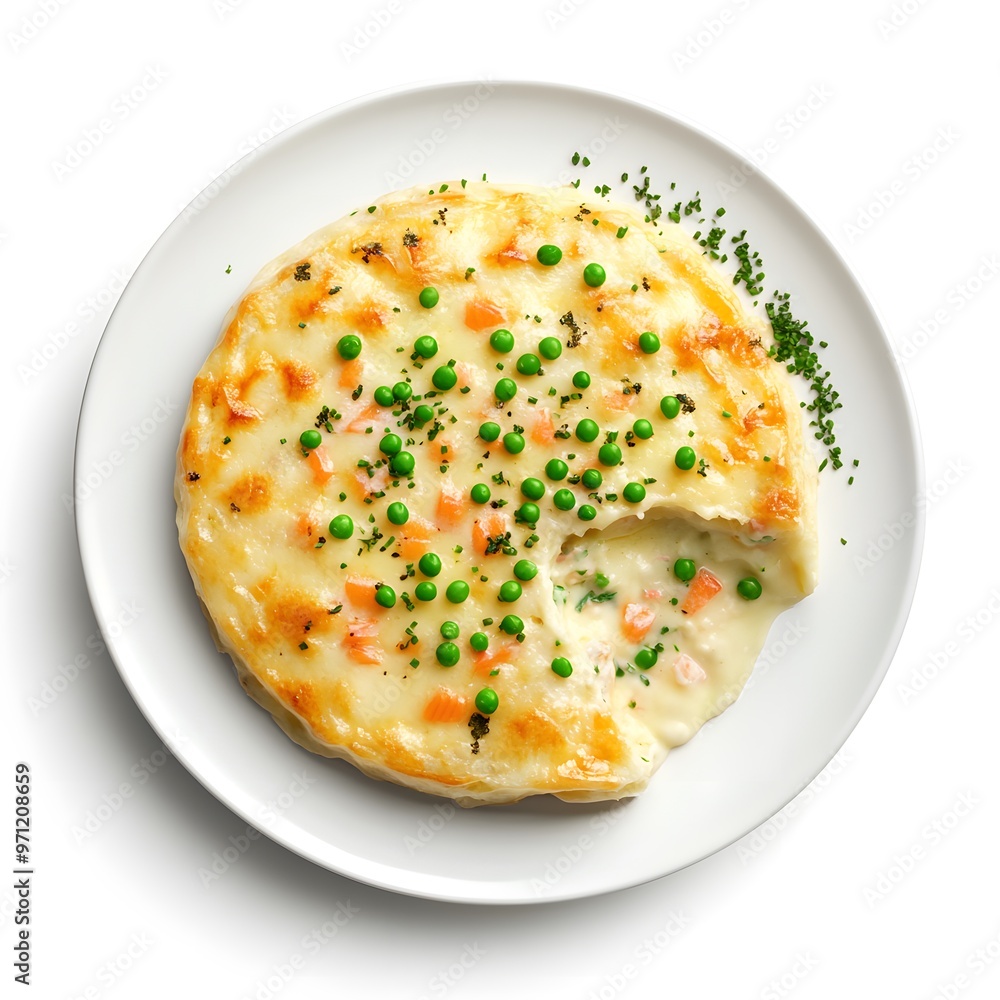 Creamy chicken pot pie with peas and carrots on a white plate Creamy chicken pot pie with peas and carrots on a white plate