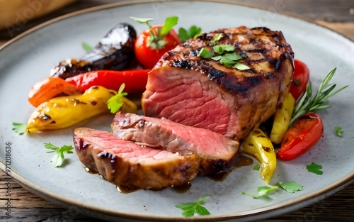 Grilled beef steak with roasted vegetables on a plate , food, steak, meat, grilled, BBQ, dinner, main course, delicious Serving fancy food