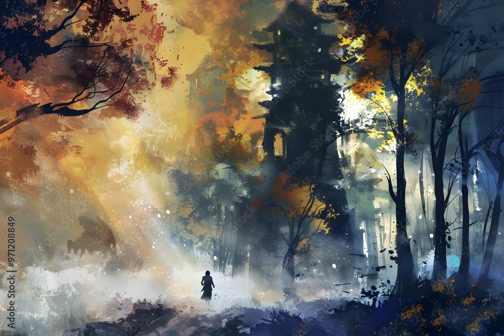 Fototapeta premium Silhouette of a Person Walking Through a Forest in a Digital Painting