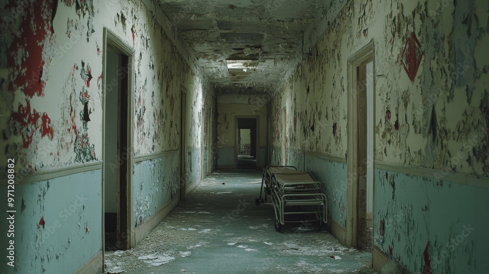 Fototapeta premium Abandoned asylum corridor with peeling wallpaper, overturned gurneys, and ghostly patients wandering in the distance 