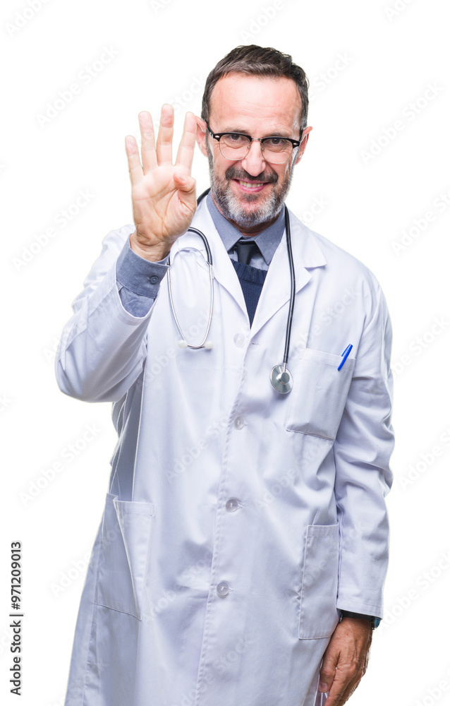 Middle age senior hoary doctor man wearing medical uniform isolated background showing and pointing up with fingers number four while smiling confident and happy. Middle age senior hoary doctor man wearing medical uniform isolated background showing and pointing up with fingers number four while smiling confident and happy.