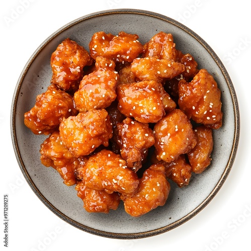 Delicious korean-style fried chicken with spicy glaze and sesame seeds