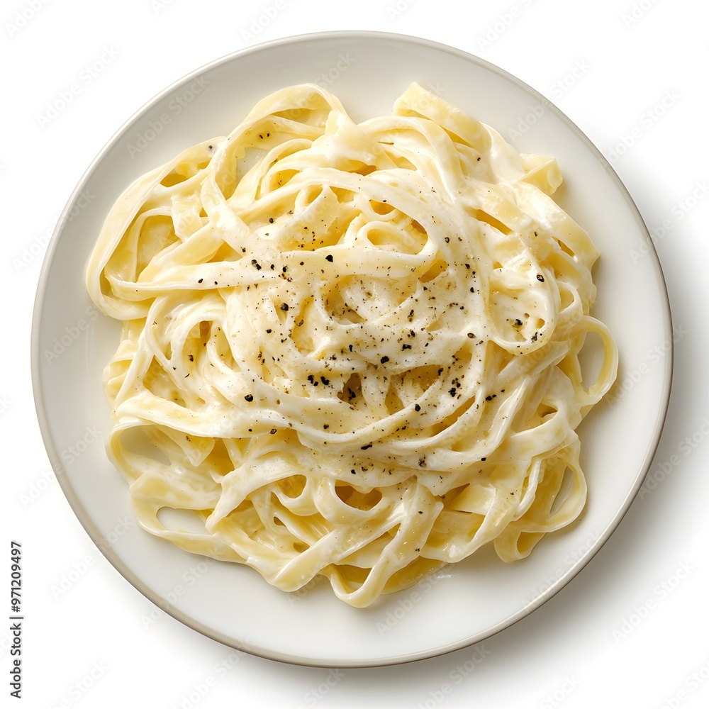 Creamy fettuccine alfredo pasta on a white plate with fresh black pepper Creamy fettuccine alfredo pasta on a white plate with fresh black pepper