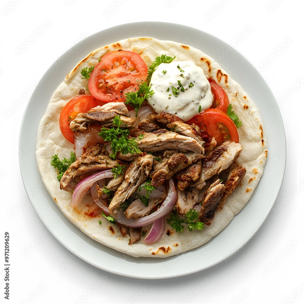 Delicious chicken gyro wrap with tzatziki and fresh vegetables on a plate Delicious chicken gyro wrap with tzatziki and fresh vegetables on a plate
