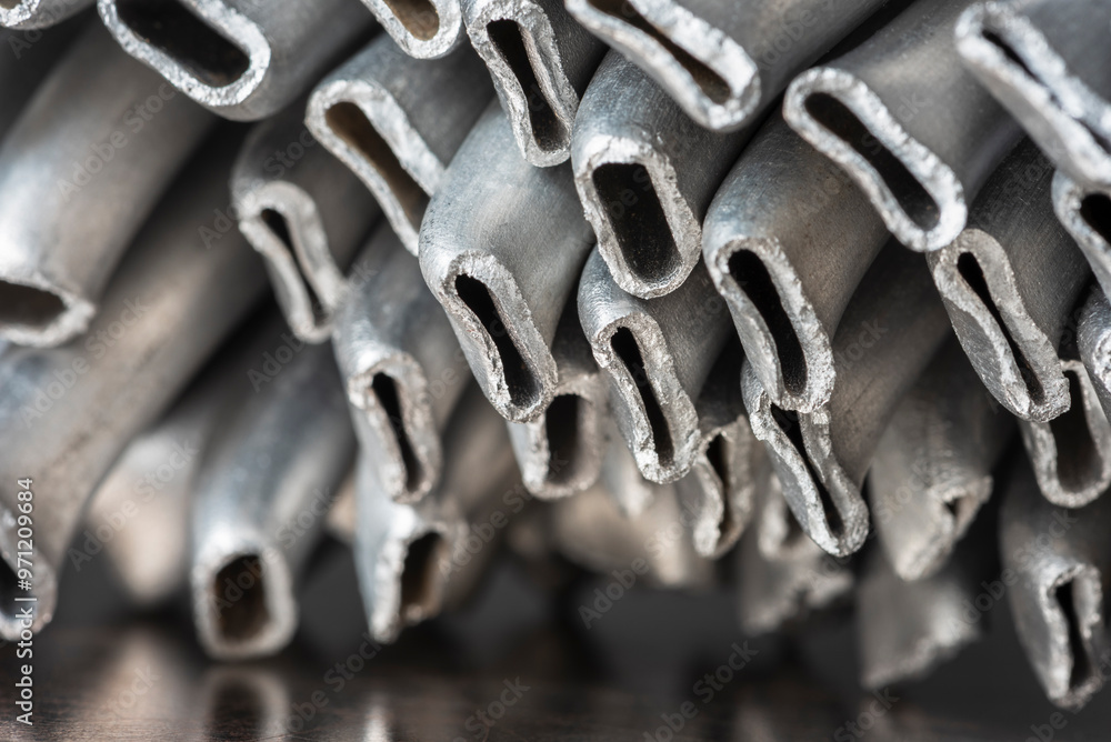 Close-up of crushed aluminum scrap, discarded metal ready for recycling at an industrial scrap yard Close-up of crushed aluminum scrap, discarded metal ready for recycling at an industrial scrap yard