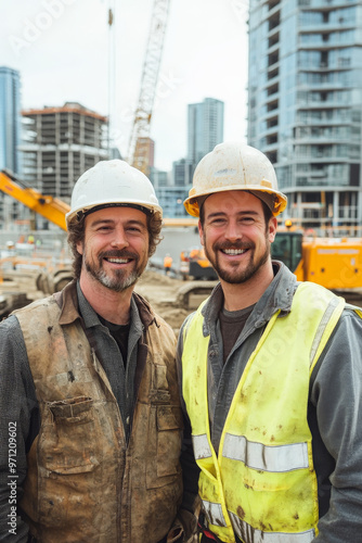 A Caucasian building contractor and a construction worker, both wearing protective gear, smiling at the camera with a construction site in the background. The site includes unfinished buildings and