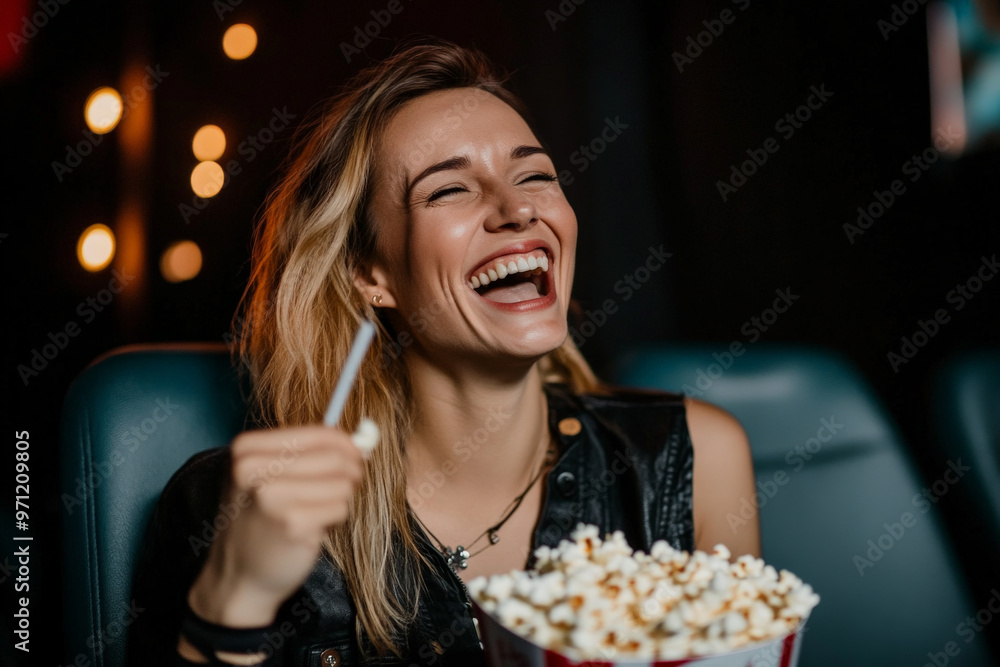 A Caucasian woman sitting comfortably in a cinema, a wide grin on her face as she reaches into a tub of popcorn, clearly enjoying a light-hearted comedy. The soft glow of the screen bathes her in a A Caucasian woman sitting comfortably in a cinema, a wide grin on her face as she reaches into a tub of popcorn, clearly enjoying a light-hearted comedy. The soft glow of the screen bathes her in a