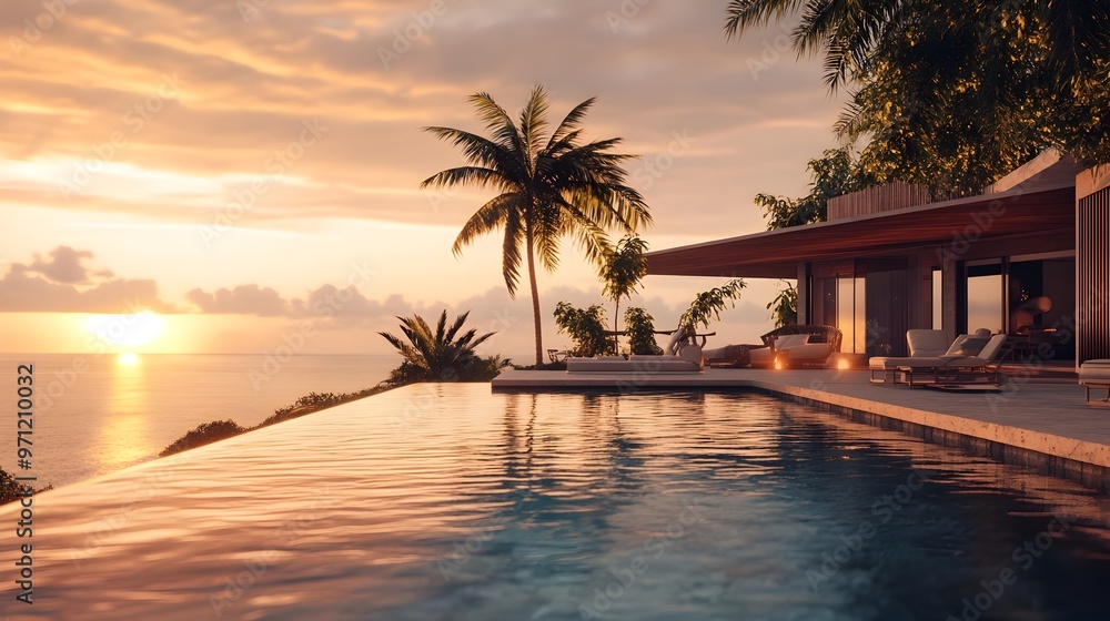 Obraz premium Sunset over Tropical Villa Pool and Ocean Landscape