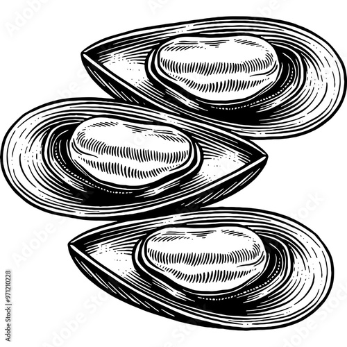 Hand drawn Mussels Sketch Illustration Engraving Woodcut Vintage Style Vector Line Art