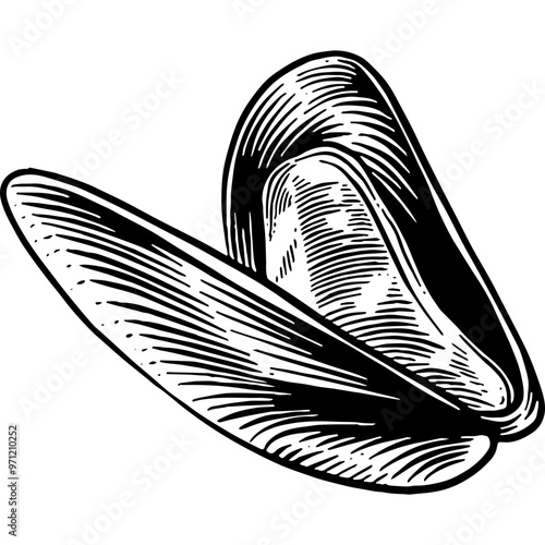 Hand drawn Mussel Sketch Illustration Engraving Woodcut Vintage Style Vector Line Art
