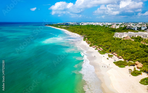 Coral reef seascape Caribbean beach panorama Playa del Carmen Mexico.