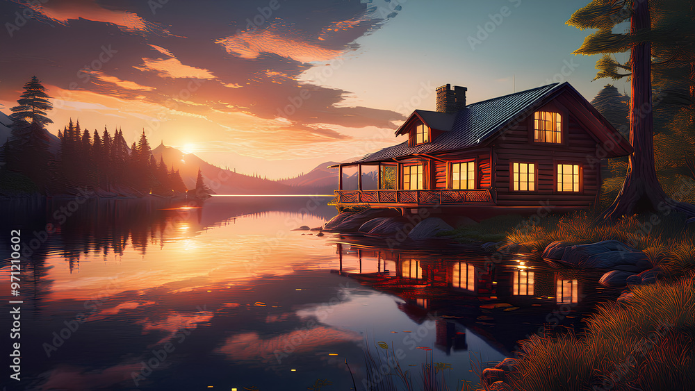 Fototapeta premium Wooden house in the evening twilight on the shore of the lake. Rest during sunset on the shore of the reservoir.