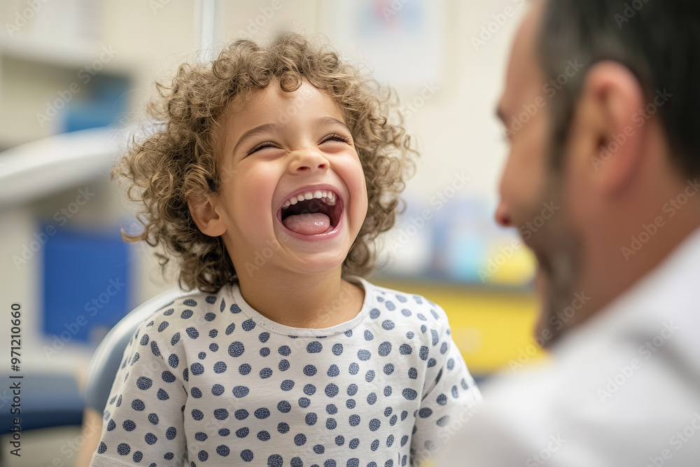 A cheerful young child laughs as the doctor gently examines their throat with a tongue depressor in a friendly, well-decorated examination room. The child is seated comfortably on the exam table, and