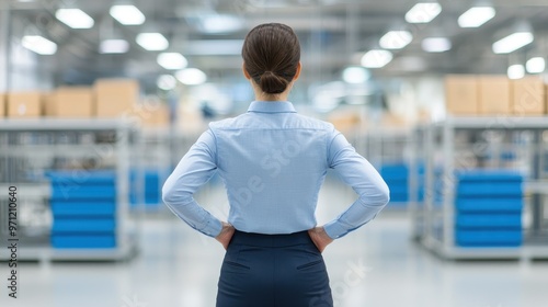 A woman stands in a warehouse with her back to the camera