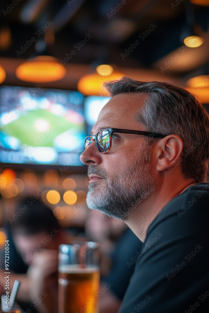 A focused middle-aged Caucasian man, absorbed in a sports match on a big screen at a busy bar. The setting includes a well-stocked bar, other fans, and an energetic atmosphere. A focused middle-aged Caucasian man, absorbed in a sports match on a big screen at a busy bar. The setting includes a well-stocked bar, other fans, and an energetic atmosphere.