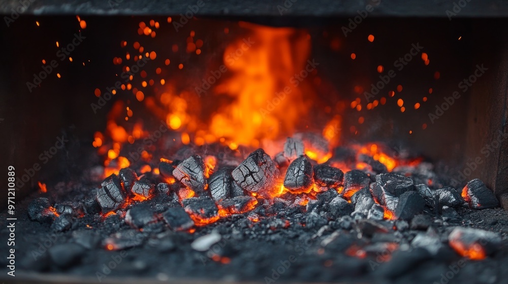 Fireplace in an old smithy, iron forging close-up Fireplace in an old smithy, iron forging close-up