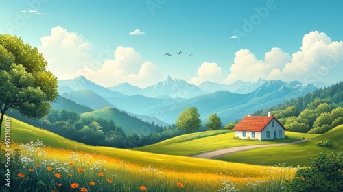 Serene Mountain Landscape with Rural House Illustration | Tranquil Meadows and Scenic Beauty Artwork