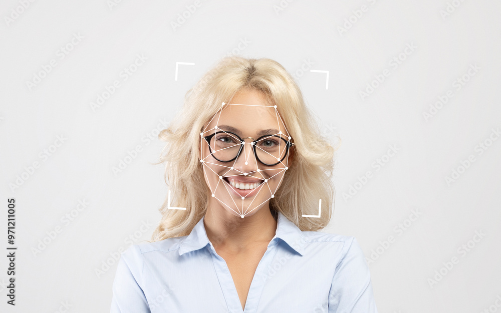 A young woman with blonde hair and glasses smiles, while a digital marker overlays her face for facial recognition. A young woman with blonde hair and glasses smiles, while a digital marker overlays her face for facial recognition.