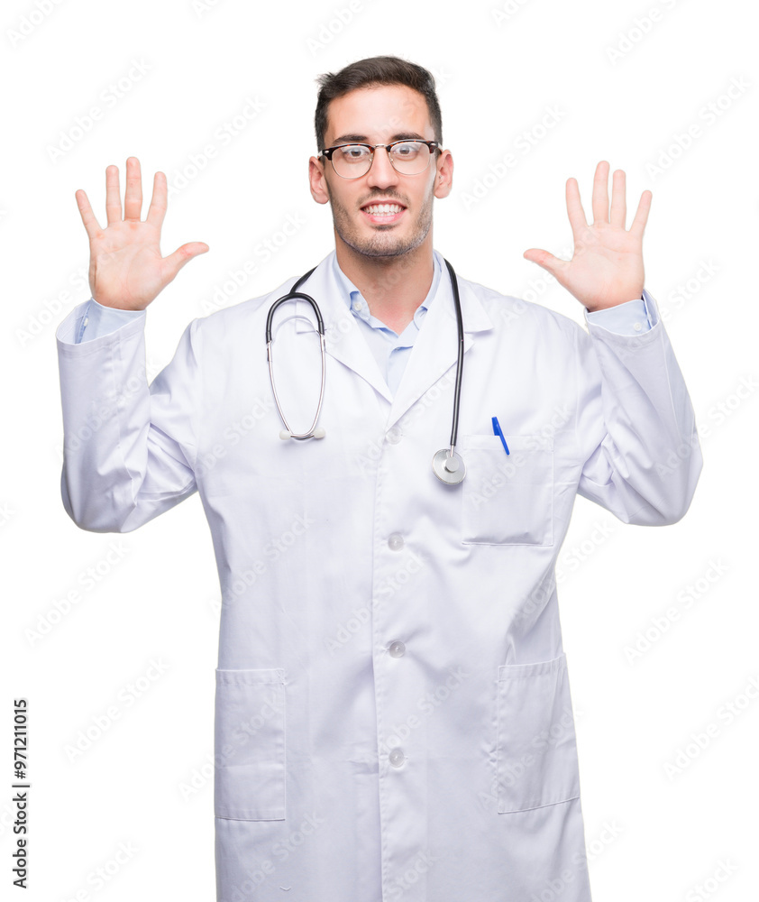 Handsome young doctor man showing and pointing up with fingers number ten while smiling confident and happy. Handsome young doctor man showing and pointing up with fingers number ten while smiling confident and happy.