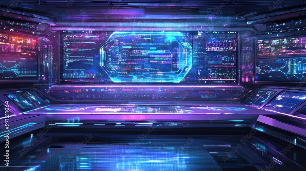 Fototapeta premium Futuristic control room with vibrant holographic displays and advanced technology interfaces.