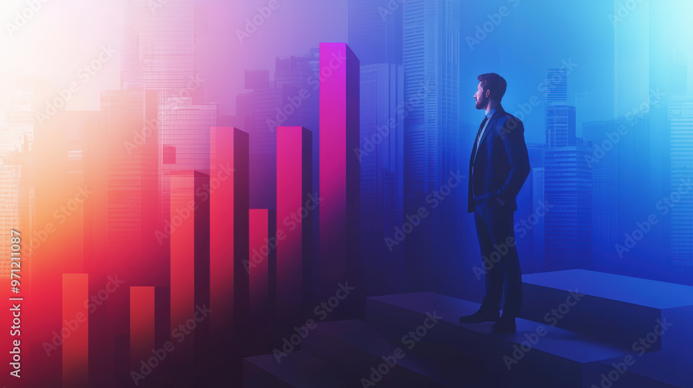 A businessman standing next to growing bar chart symbolizes success and progress in vibrant cityscape. colorful backdrop enhances feeling of ambition and achievement A businessman standing next to growing bar chart symbolizes success and progress in vibrant cityscape. colorful backdrop enhances feeling of ambition and achievement