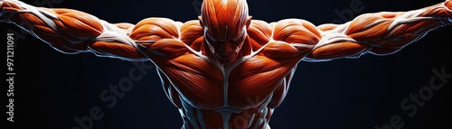 A dynamic display of human anatomy showcasing defined muscles and strength against a dramatic dark background.