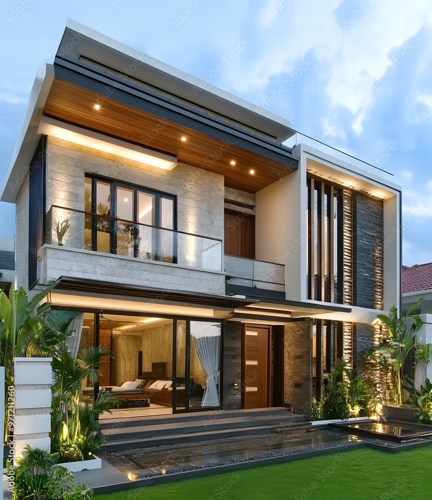 Fototapeta premium Modern Two Story House With Stone Exterior And Large Windows