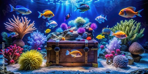 Vibrant tropical fish swim amidst artificial coral, plants, and treasure chest decorations in a colorful saltwater aquarium, lit by soft blue and white LED lighting. photo