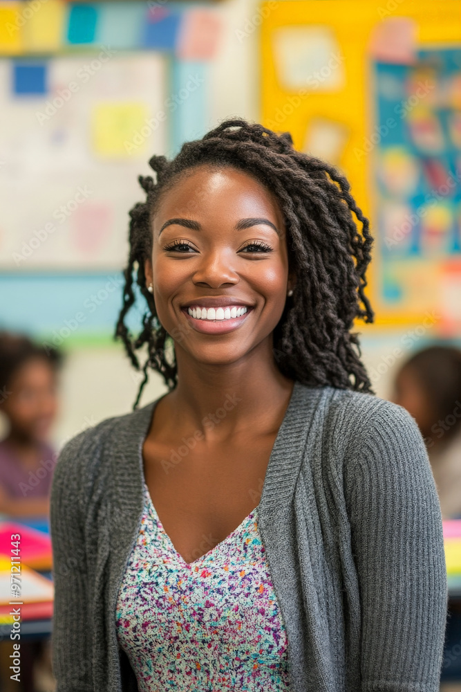 A happy Black teacher, with a bright smile, poses with students in a vibrant classroom setting. The background includes colorful educational materials, desks, and an engaging learning environment. A happy Black teacher, with a bright smile, poses with students in a vibrant classroom setting. The background includes colorful educational materials, desks, and an engaging learning environment.