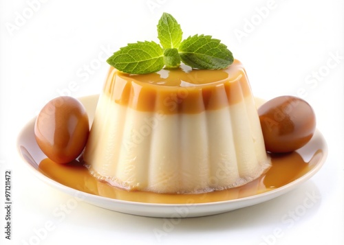 A pudding made with milk, sugar, and eggs, isolated on white Background':