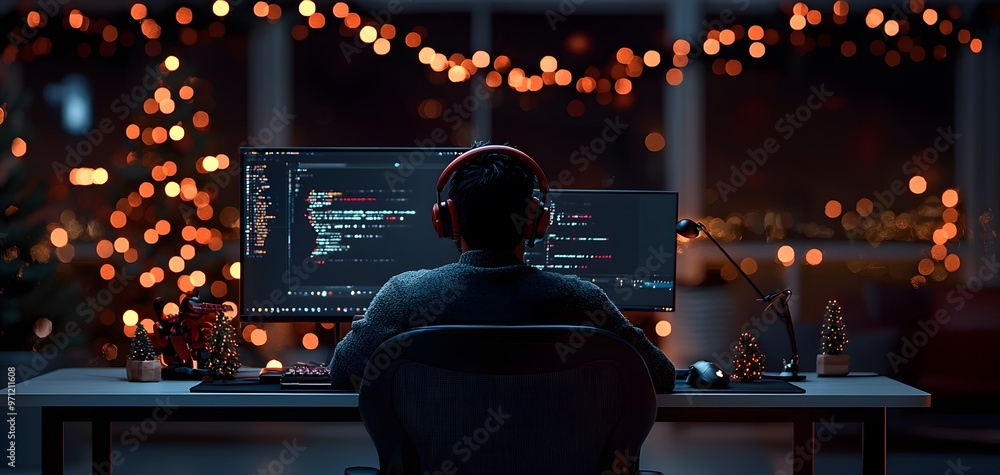 Immerse in a Festive Gaming Experience Surrounded by Glowing Christmas Lights and Coding Ambiance. Christmas Gamer Concept Immerse in a Festive Gaming Experience Surrounded by Glowing Christmas Lights and Coding Ambiance. Christmas Gamer Concept