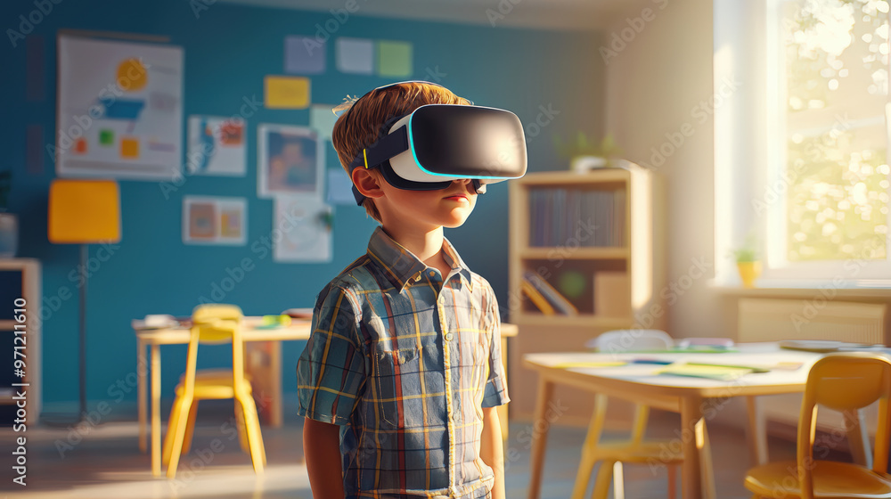 Fototapeta premium Innovative classroom setup featuring boy wearing VR headset, immersed in virtual learning experience. bright environment enhances creativity and engagement