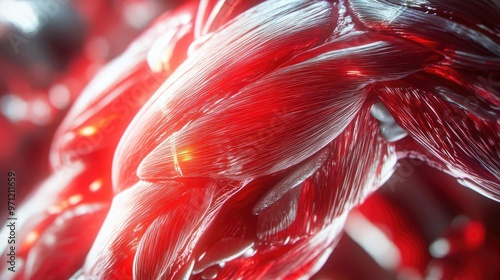 Close-up of vibrant muscle fibers showcasing intricate details and a striking red hue, highlighting anatomy and strength.