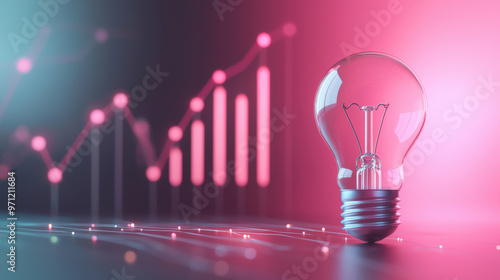A lightbulb symbolizes innovation and creativity, set against vibrant background with growing chart representing startup success. This image captures essence of progress and inspiration