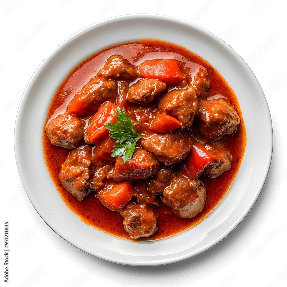 Hearty beef stew with carrots and rich tomato sauce garnished with parsley Hearty beef stew with carrots and rich tomato sauce garnished with parsley
