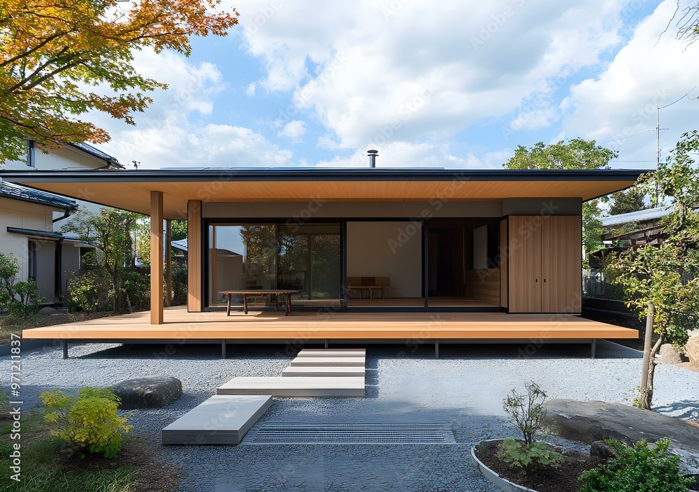 Modern Japanese House with Wooden Deck and Gravel Garden Modern Japanese House with Wooden Deck and Gravel Garden
