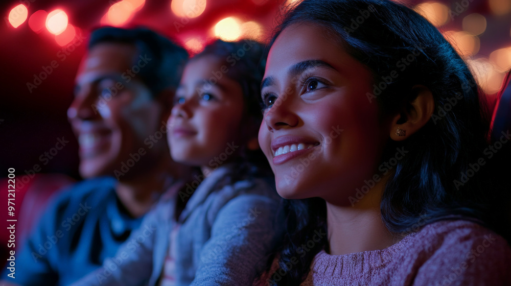 A Hispanic family, with the mother and father smiling at their daughter as they enjoy a movie together in a cozy, darkened cinema. The daughter is engrossed in the film. A Hispanic family, with the mother and father smiling at their daughter as they enjoy a movie together in a cozy, darkened cinema. The daughter is engrossed in the film.