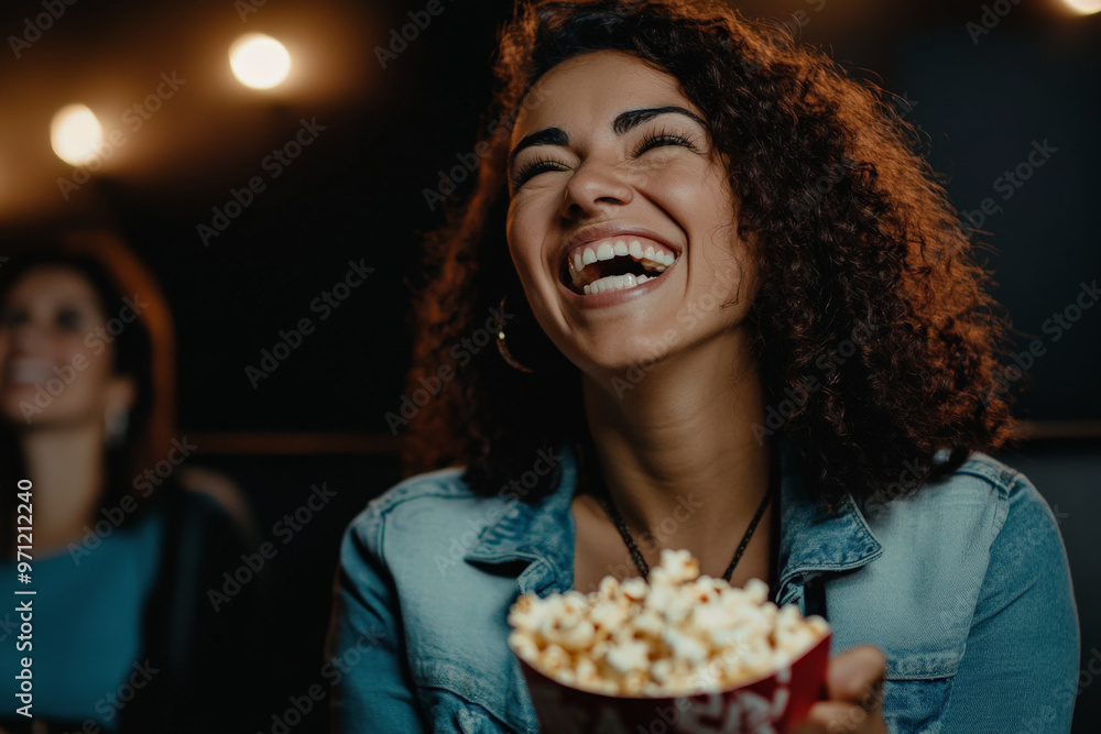 A Hispanic woman chuckling as she eats popcorn in a cozy cinema, enjoying a comedy movie. The soft light from the screen bathes her in a warm glow, enhancing the joyful atmosphere. A Hispanic woman chuckling as she eats popcorn in a cozy cinema, enjoying a comedy movie. The soft light from the screen bathes her in a warm glow, enhancing the joyful atmosphere.